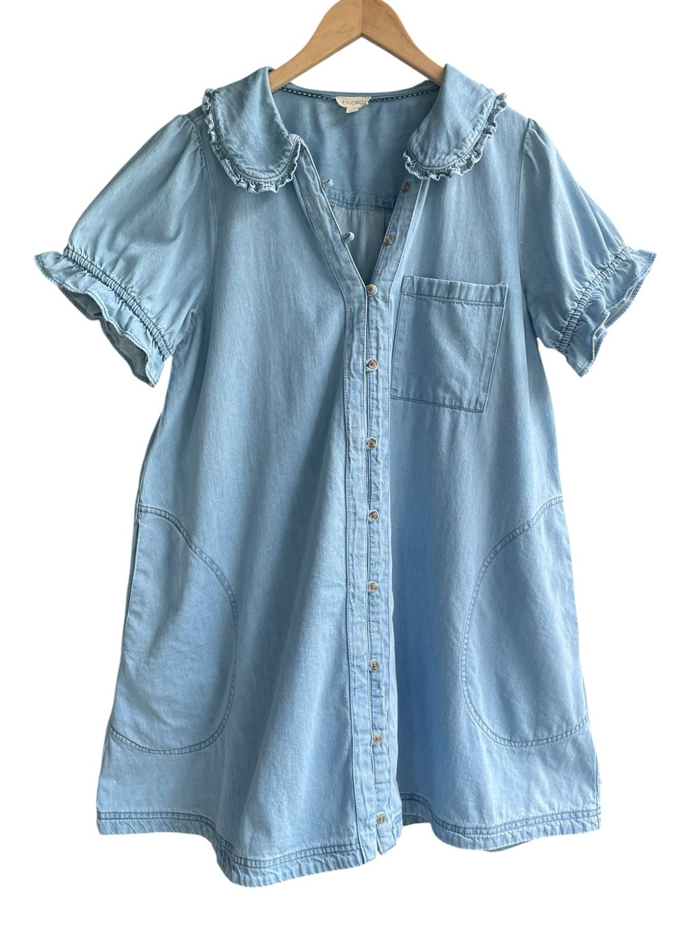 The Keira Denim Mini Dress Anthropologie Pilcro Cotton Light Wash Boho Size L - Picture 2 of 15